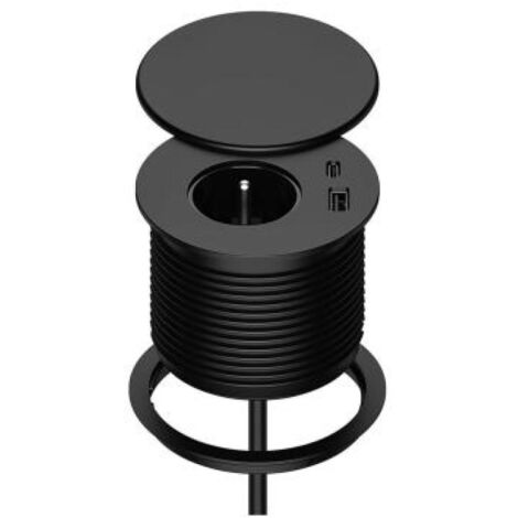 Multiprise encastrée avec 1 prise, 1 port USB-C, 1 port USB-A, diamètre 80 mm, câble 1,5 m, prise de bureau pour cuisine, bureau, meubles, noir