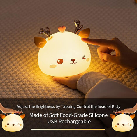 Veilleuse Bebe,Veilleuse Enfant Rechargeable LED,Lampe de Chevet,Veilleuse Adulte Fille Garcon 7 Couleurs Portable en Silicone,Lampe Cerf Multicolore avec ContrôLe Tactile,Cadeau Anniversaire Femme