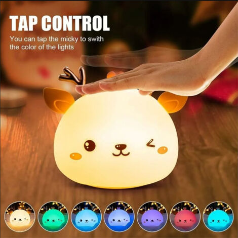 Veilleuse Bebe,Veilleuse Enfant Rechargeable LED,Lampe de Chevet,Veilleuse Adulte Fille Garcon 7 Couleurs Portable en Silicone,Lampe Cerf Multicolore avec ContrôLe Tactile,Cadeau Anniversaire Femme