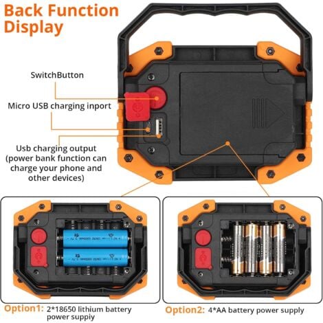 2 Projecteur de Chantier LED, USB Rechargeable Lampe de Travail 30W 2000LM - Luminaire extérieur avec 4 18650 Batteries, IP65 Imperméable Lumière pour Randonnée, Camping