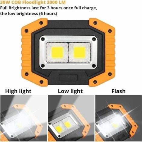 2 Projecteur de Chantier LED, USB Rechargeable Lampe de Travail 30W 2000LM - Luminaire extérieur avec 4 18650 Batteries, IP65 Imperméable Lumière pour Randonnée, Camping