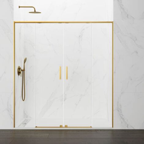 GME – Box doccia frontale 2 porte scorrevoli – Apertura centrale Soft Close – Vetro temperato 6mm – Profili in alluminio oro spazzolato – Misura installazione 161-171 cm (1/5)