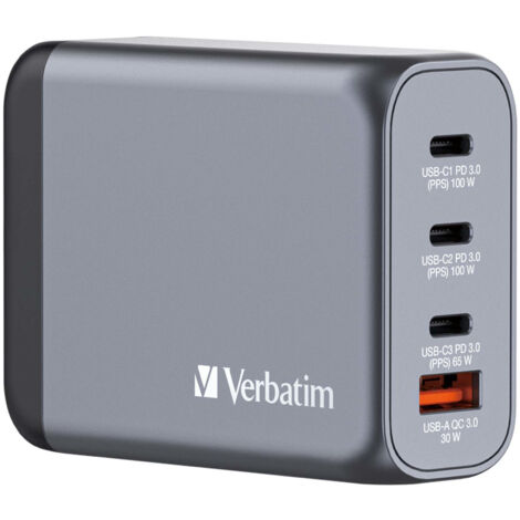 Verbatim GNC-100 Caricatore USB 4 Porte 100W Ricarica Rapida GaN Nero/Grigio AC (1/4)