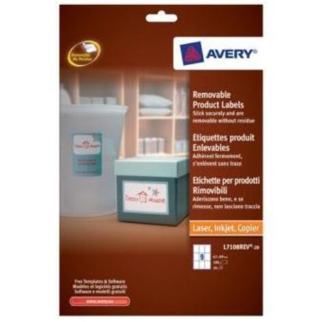 Etiqueta adhesiva avery removible para impresora laser inyeccion tinta fotocopiadora blanca 62x89 mm (1/2)