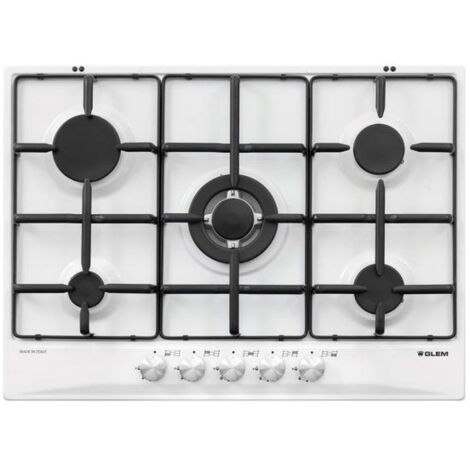 Glem Gas GT755WH. Colore del prodotto: Bianco, Posizionamento dell'apparecchio: Da incasso, Dimensione della larghezza del piano cottura: 70 cm. Bruciatore piccolo: 1000 W, Bruciatore medio: 1750 W...