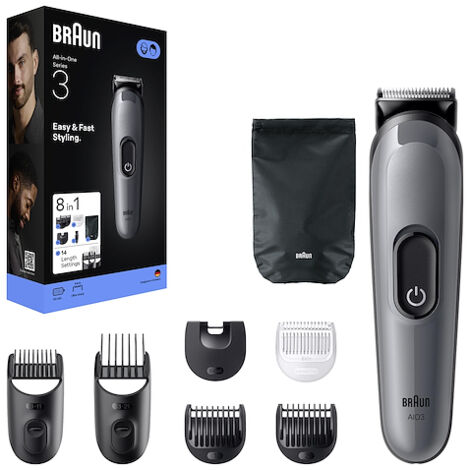 Braun AIO3540 Multigrooming Kit Regolabarba Ricaricabile Nero-Grigio 14 Lunghezze (1/5)