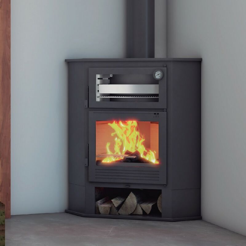 FM Poêle à bois d'angle M-106 R 9,5 kW avec portes en fonte et four inox