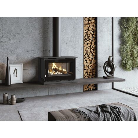 Fm Calefaccion – Poêle à bois suspendu avec turbines – Foyer en vermiculite – Puissance 13/18kW – Double combustion – Sortie des fumées 200mm – Couleur noir (1/3)