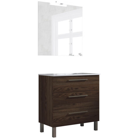 Ensemble de salle de bain meuble 80cm STAY THREE CLASSIC bois foncé - Vasque - Miroir - Applique (1/2)