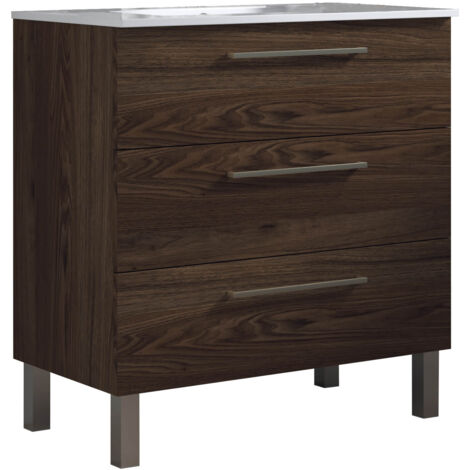 Meuble de salle de bain 80cm STAY THREE CLASSIC bois foncé - Vasque en céramique (1/2)