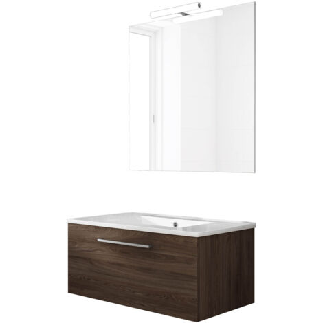 Ensemble de salle de bain meuble suspendu 80cm NICE CLASSIC bois foncé - Vasque - Miroir - Applique (1/2)
