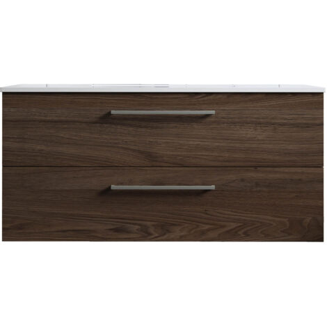 Meuble sous vasque suspendu 100cm – Bois foncé avec vasque céramique – Tiroirs sur glissières ALVIC – Fixations murales haute résistance – Mennza