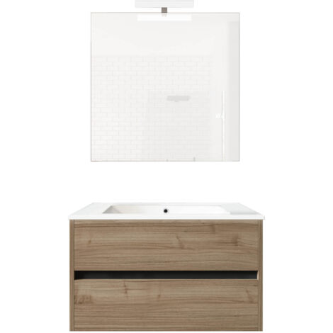 Ensemble de salle de bain meuble suspendu 80cm DOUBLE EDGE bois clair - Vasque - Miroir - Applique (1/2)