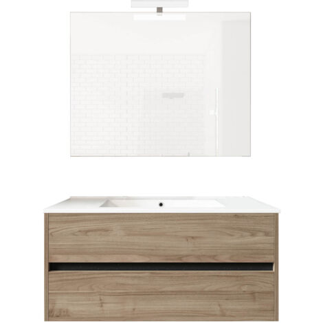 Ensemble de salle de bain meuble suspendu 100cm DOUBLE EDGE bois clair - Vasque - Miroir - Applique (1/2)