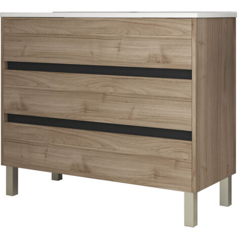 Meuble de salle de bain 100cm STAY THREE EDGE bois clair - Vasque en céramique (1/2)