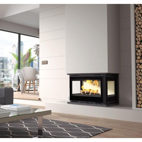 Fm Calefaccion – Insert cheminée 3 faces 12,8kW – Foyer en fonte avec vitres sérigraphiées – Raccordement Ø200mm vertical – Pour volume de chauffe jusqu'à 340m3