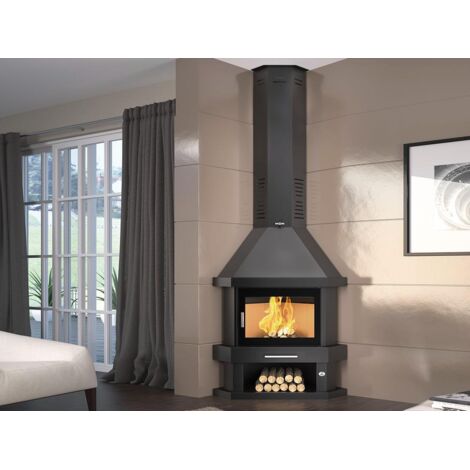 Poêle à bois cheminée d'angle 13.8 kW – Grand foyer pour bûches jusqu'à 75 cm – Double combustion – Rendement 79% – FM