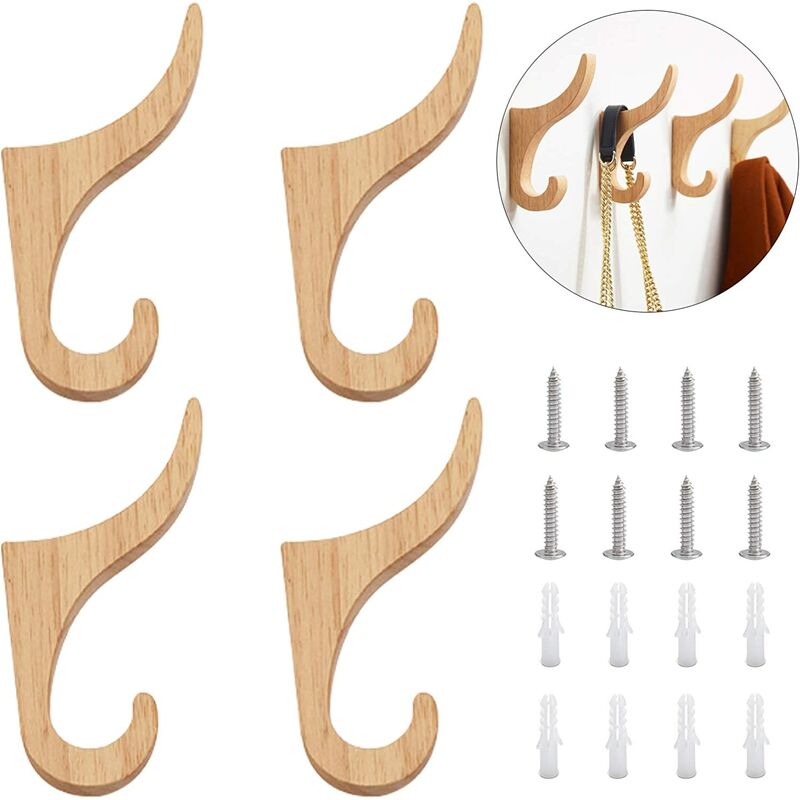 Paquete de 4 ganchos de madera natural de Burlywood, duraderos, para montar en la pared, para abrigos, sombreros, toallas, para el baño de la sala de estar (gancho de doble curvatura)