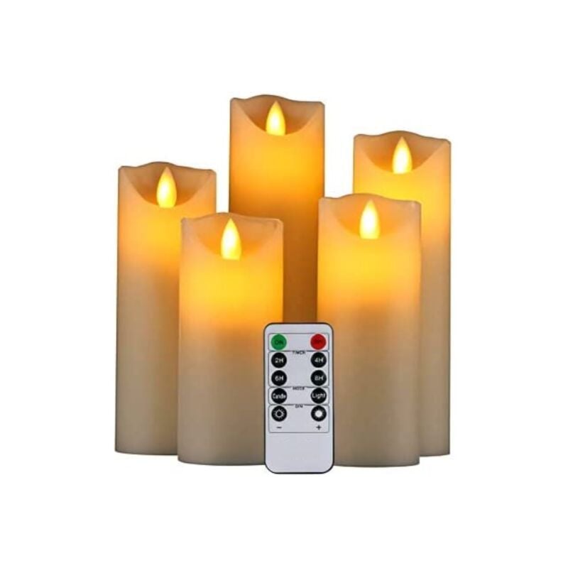 Velas LED, Velas Sin Llama.Juego de 5 (10,12,15,17,19 cm, Marfil), Cera Real. Con llamas parpadeantes realistas, control remoto con menús de 10 funciones, temporizador de 24 horas