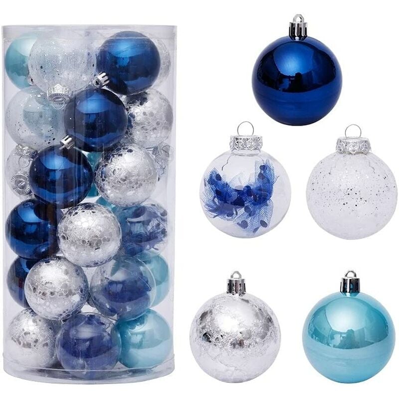 Paquete de 30 adornos navideños de 60 mm/2,4" con delicados adornos rellenos para adornos navideños grandes (60 mm/2,4", azul+blanco, 30 piezas)