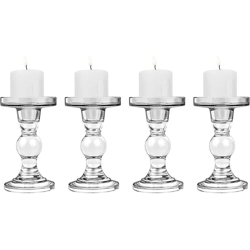 4 PCS Portavelas de vidrio, (8 * 8.5 * 14 cm) Candelabro con base redonda, Portavelas cónico estable, Decoración de mesa de estilo moderno para el banquete de boda en el hogar, Transparente