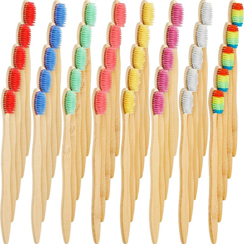 40 Cepillos de Dientes de Bambú Cepillo de Dientes de Carbón Cepillo de Dientes Biodegradable Cepillos de Dientes de Bambú Natural con Cerdas de Nylon Sin BPA (Multicolor)