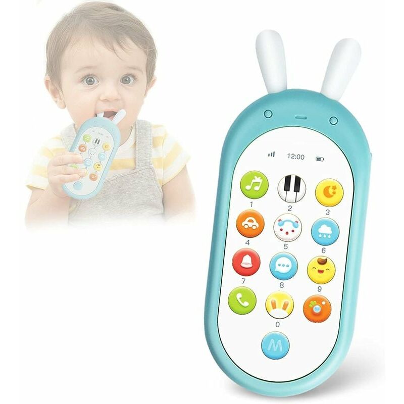 Juguetes de teléfono celular para niños, teléfono inteligente bilingüe para bebé, juguetes sensoriales musicales para bebés de 6 meses en adelante (azul, gratis + destornillador + 3 pilas AA)