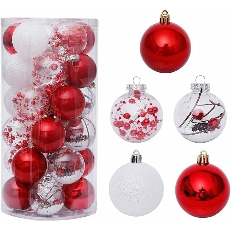 Juego de adornos navideños de 60 mm / 2,4 "con adornos delicados rellenos para bolas de Navidad grandes de árbol de Navidad (60 mm / 2,4 pulgadas, rojo + blanco, 30 piezas)