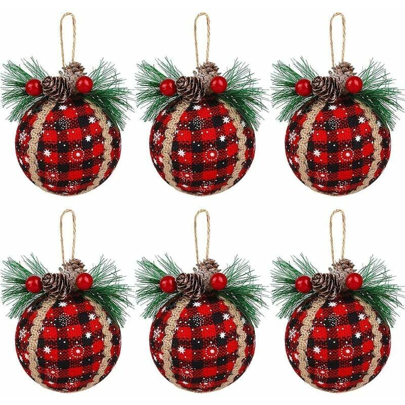 piezas de adornos de bolas de Navidad a cuadros, 3 pulgadas, adornos de bolas de tela a cuadros de búfalo negro y rojo con conos de pino y vegetación, adornos de bolas colgantes para decoraciones de fiesta de árbol de Navidad a cuadros