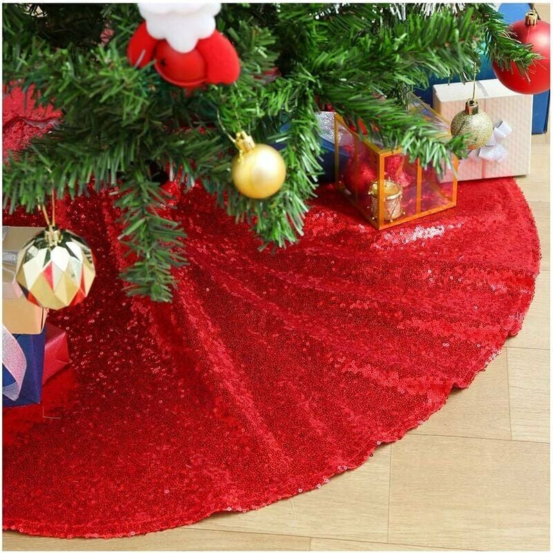 Faldas de árbol rojo de 48 pulgadas faldas de árbol de Navidad con purpurina alfombra de árbol de lentejuelas grande para decoración de árbol de Navidad