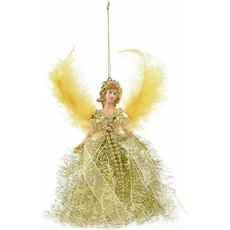 Colgante de árbol de Navidad de muñeca, decoración de árbol de Navidad de ángel de tela, colgante de árbol de Navidad de mini ángel, con alas de plumas para decoraciones navideñas, adorno de árbol de Navidad amarillo