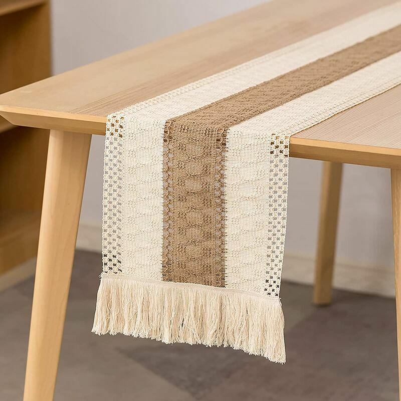 Camino de mesa de macramé, camino de mesa de comedor de 180 cm de algodón y lino natural, decoración de mesa con borlas de encaje de ganchillo bohemio