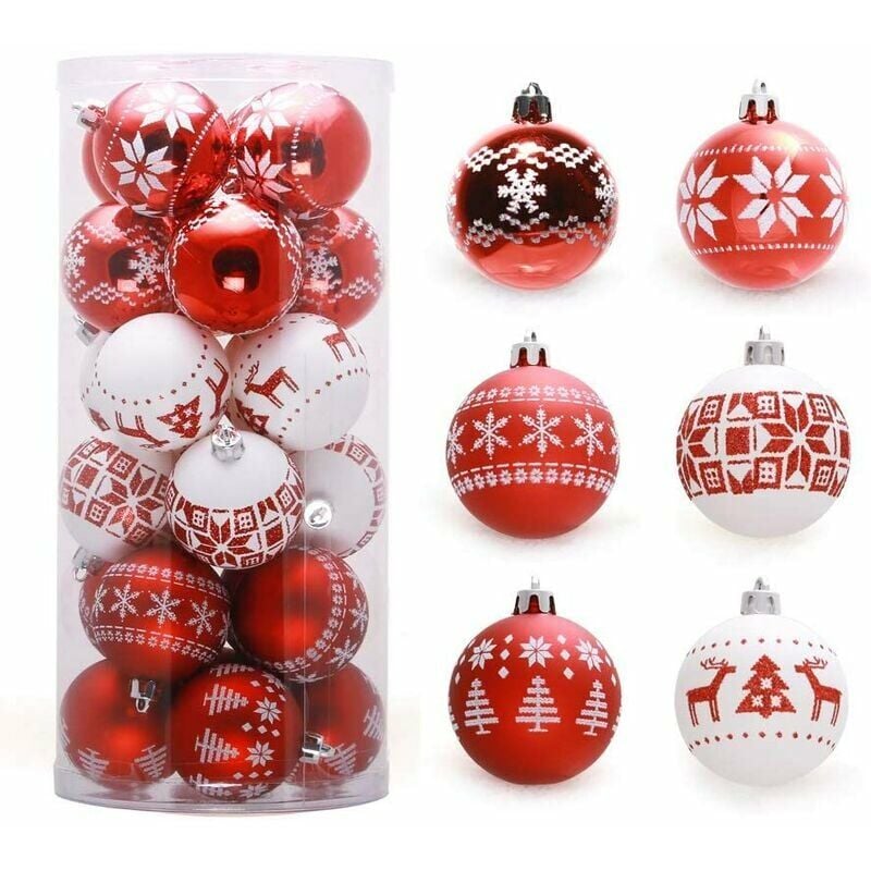 Adornos de bolas de Navidad 30 piezas 60 mm / 2.36 "para árbol de Navidad, decoraciones de árboles inastillables que cuelgan bolas de dibujo coloridas brillantes con cuerda colgante, juego de decoración grande para fiesta de boda (rojo-blanco)