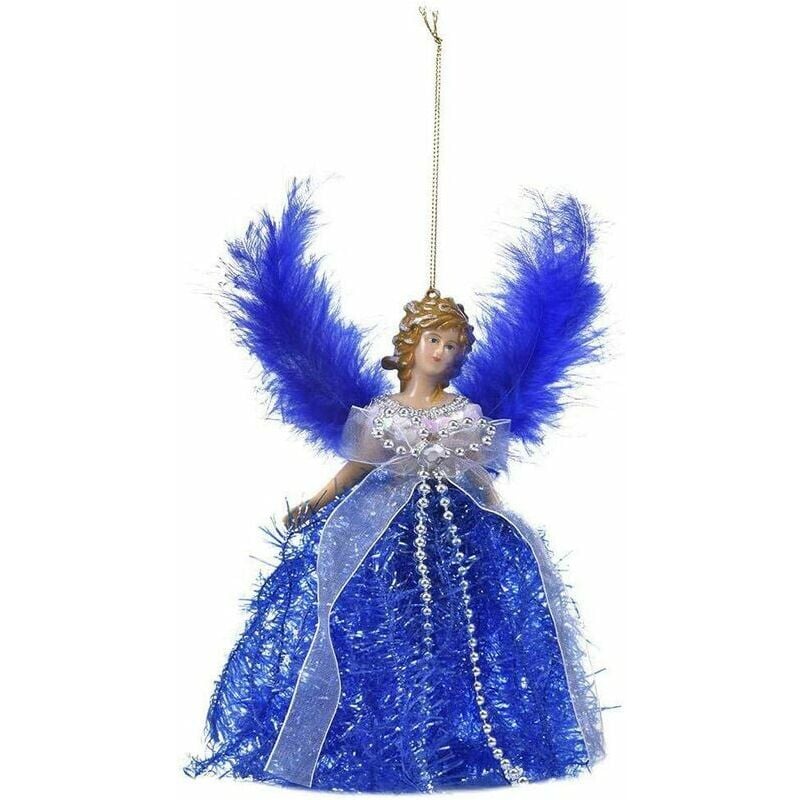 Colgante de árbol de Navidad de muñeca, decoración de árbol de Navidad de ángel de tela, colgante de árbol de Navidad de mini ángel, con alas de plumas para decoraciones navideñas, adorno de árbol de Navidad azul