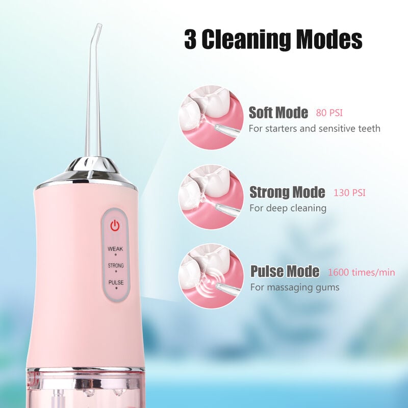 Potente máquina de lavado de boca con chorro de agua dental, irrigador bucal portátil para blanqueamiento dental, limpieza dental, salud (rosa)