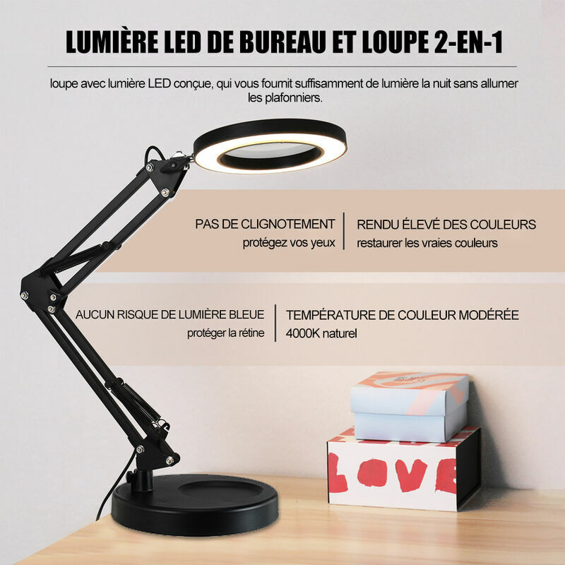 Lampe Loupe Esthétique, 5X Lampe Loupe de Bureau à Lentille Rectangulaire  avec Pince et Bras Pivotant pour la Beauté et la Lectur