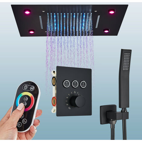 Suguword – Colonne de douche encastrée noire avec LED – Affichage numérique – Pommeau 49cm×35cm – Douchette à mains – Robinet cascade (1/5)