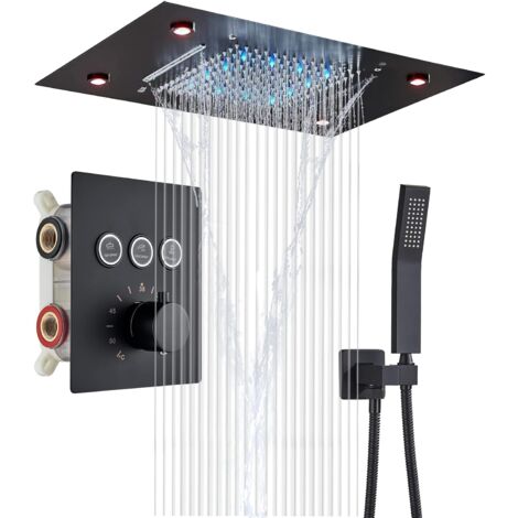 Suguword – Colonne de douche thermostatique noire – Pommeau carré en laiton 20' x 14' – Douche à main 20.3 cm – Installation murale – Débit 1.8 GPM (1/5)