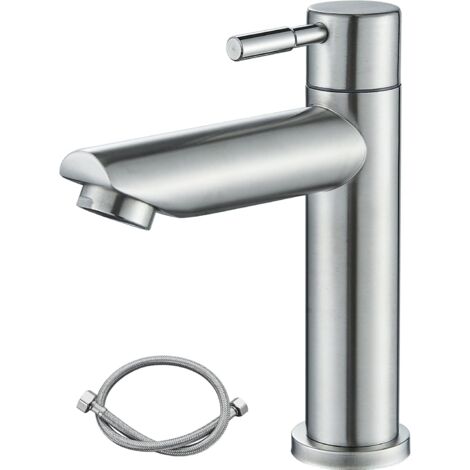 Robinet D'Eau Froide En Acier Inoxydable Noir Brossé – Levier Unique Avec Tuyau 80 Cm, Robinet Lavabo Salle De Bain Moderne Et WC Invités