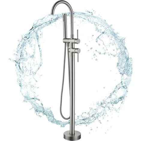 Robinet de Baignoire  2 Modes Mitigeur de Baignoire Ilot avec Douchette, Rotation à 360° Robinet de Baignoire sur Pied Laiton Robinet Mitigeur au Sol Moderne et Simple,Nickel brossé