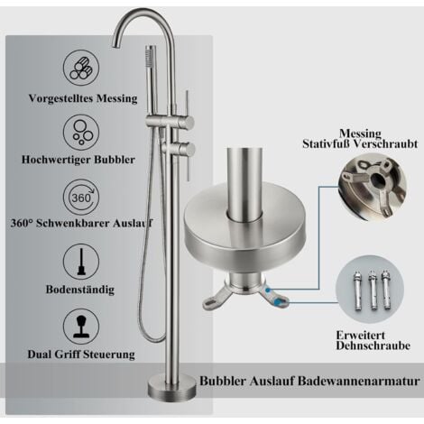 Robinet de Baignoire  2 Modes Mitigeur de Baignoire Ilot avec Douchette, Rotation à 360° Robinet de Baignoire sur Pied Laiton Robinet Mitigeur au Sol Moderne et Simple,Nickel brossé