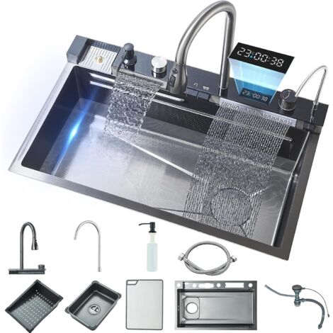 Suguword – Évier de cuisine double en acier inox 304 – Robinet intelligent numérique avec mode pluie – Design anti-traces et surfaces autolavables