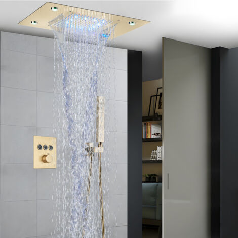 Suguword – Colonne de douche encastrée 49x35cm – Douche carrée thermostatique – Robinet en laiton – Effet pluie réglable – Design compact brossé or