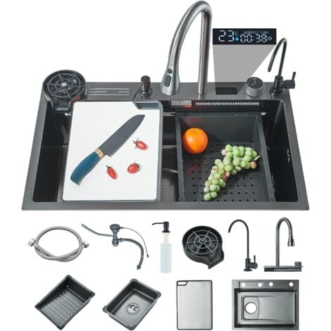 Évier Cuisine Évier à cascade numérique évier en acier inoxydable avec distributeur de savon robinet extractible Jeu complet d'accessoires de Ensemble dÉvier Domestique (75x45cm, Noir-Gris)