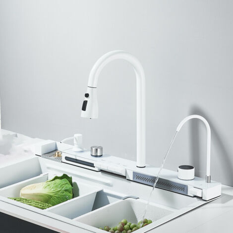 Suguword – Évier de cuisine inox 75x45x21 – Multifonction avec robinet extractible – 3 modes de sortie – Nano-revêtement anti-taches