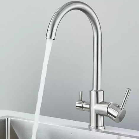 Robinet Cuisine 3 voies Chrom¨ Pivotant ¨¤ 360¡ã, Mitigeur d'Evier Filtre ¨¤ Eau en Laiton, Robinet de Cuisine avec Sortie Eau Filtr¨e pour Eau Potable Nickel bross¨ (1/5)