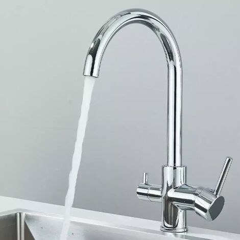 Robinet Cuisine 3 voies Chromé Pivotant à 360°, Mitigeur d'Evier Filtre à Eau en Laiton, Robinet de Cuisine avec Sortie Eau Filtrée pour Eau Potable chromé (1/5)