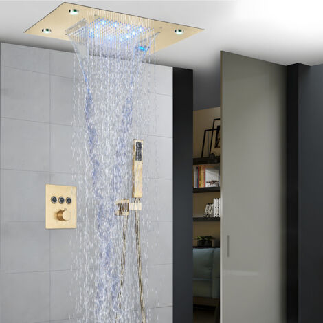 Colonne de douche encastrée, 49 x 35cm douche carrée, douche complète, colonne douche thermostatique avec douche à distance (brossé or)