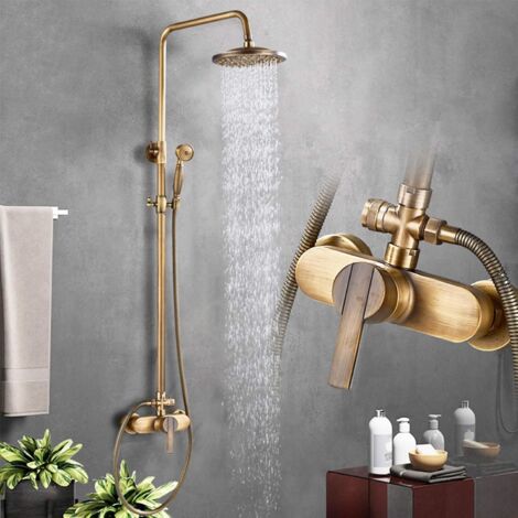 Suguword – Colonne de douche en laiton antique – Douche pluie 8" – Tuyau inox 150 cm – Réglable en hauteur – Haute résistance à la température (1/5)