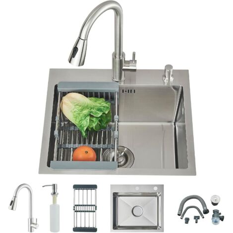 Suguword – Évier de cuisine en acier inoxydable 50 x 45 cm – Robinet extensible avec distributeur de savon – Finition brossée résistante aux taches